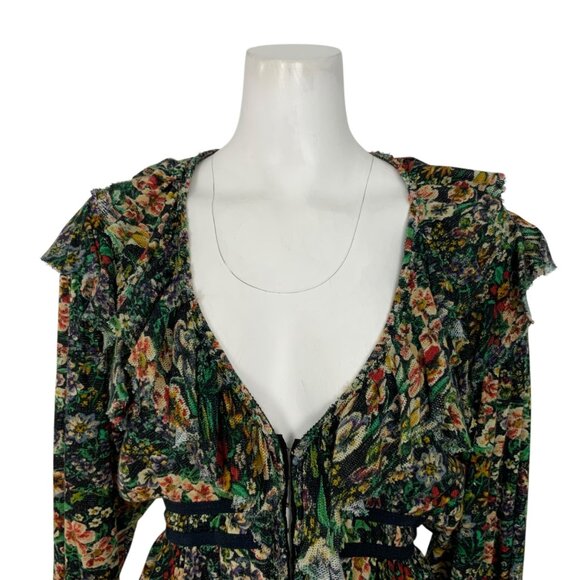 Free People Rudi Ruffle Top M Night Garden Ruffle Floral V-Neck Cropped Mosscore - Picture 6 of 11